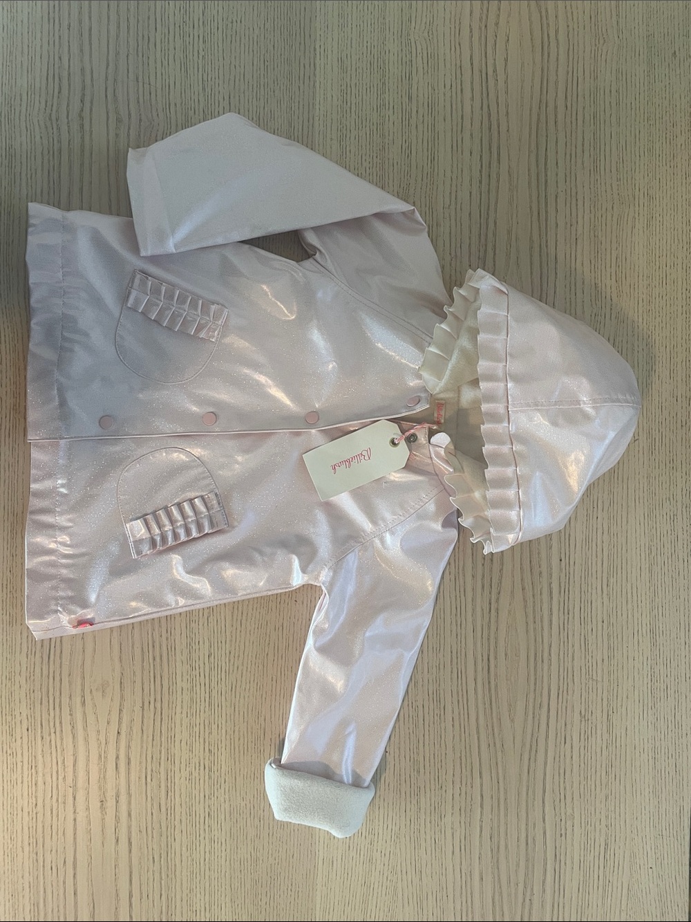 Billieblush Light Pink Shiny Hooded Raincoat with Ruffle Trim